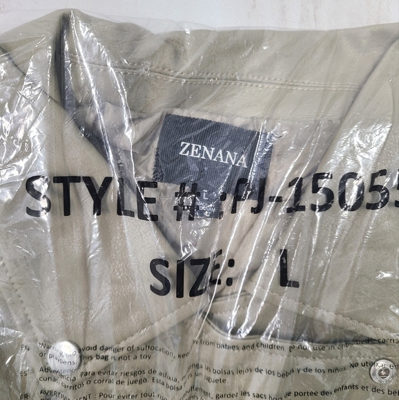 Zenana belted moto jacket - vegan leather - size large - khaki beige BNWT - Picture 4 of 4